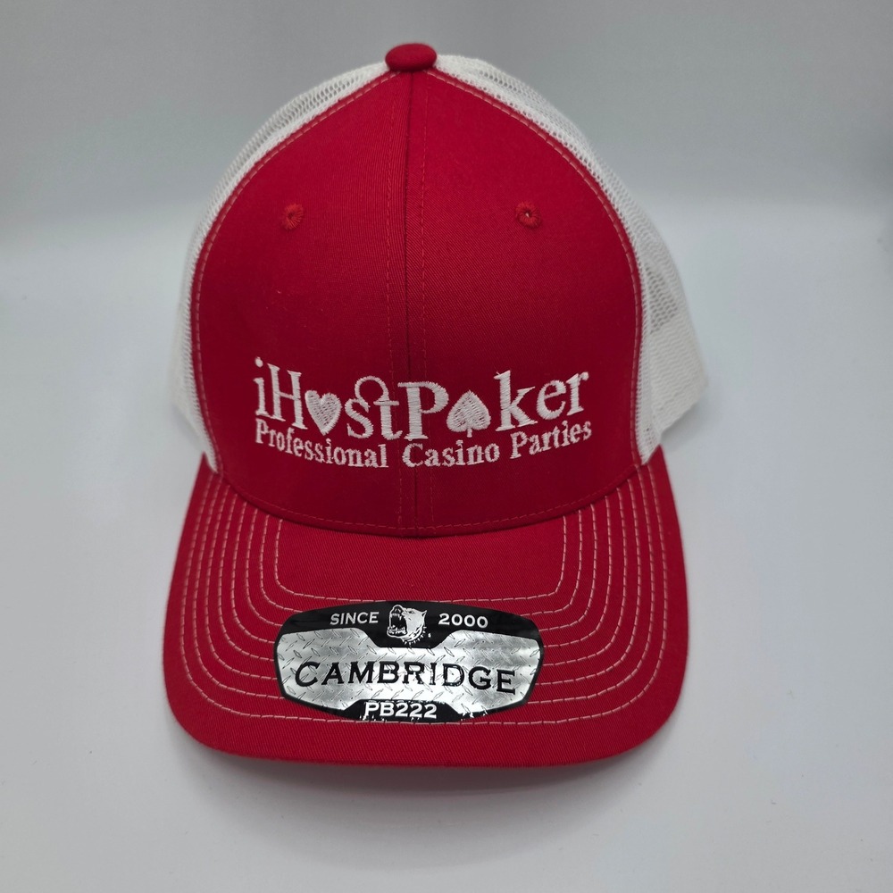 Cambridge iHostPoker Red White Mesh Trucker Hat Snapback Casino Party Cap NWT